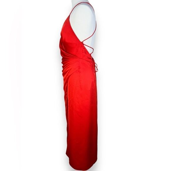 FAME & Partners Zarita Red Maxi Wrap Dress Matte Satin Glam Gown Strappy Slit 10 - Picture 5 of 10